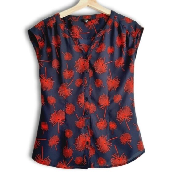 JACOB Dandelion Botanical Print Sleeveless Button Down Top Blue & Red Sz XS - Picture 1 of 9